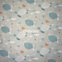 Tecido Popeline Bege Tartarugas e Nuvens Azul 1.50m largura, Le Tissu By Domotex Tecido Popeline Bege Tartarugas e Nuvens Azul 1.50m largura, Le Tissu By Domotex