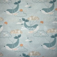 Tecido Popeline Azul Baleias e Nuvens Laranja 1.50m largura, Le Tissu By Domotex Tecido Popeline Azul Baleias e Nuvens Laranja 1.50m largura, Le Tissu By Domotex