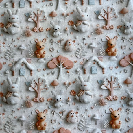 Tecido Popeline Coelhos Passáros 3D 1.50m largura Tecido Popeline Coelhos Passáros 3D 1.50m largura