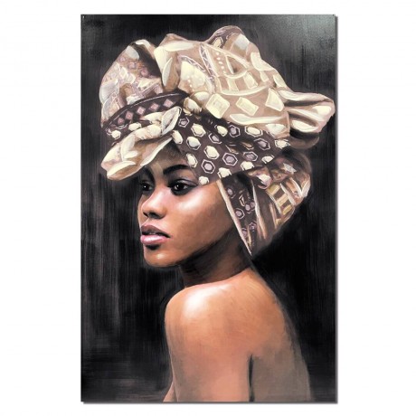 Quadro Figurativo Mulher Negra Lenço Bege 80x120